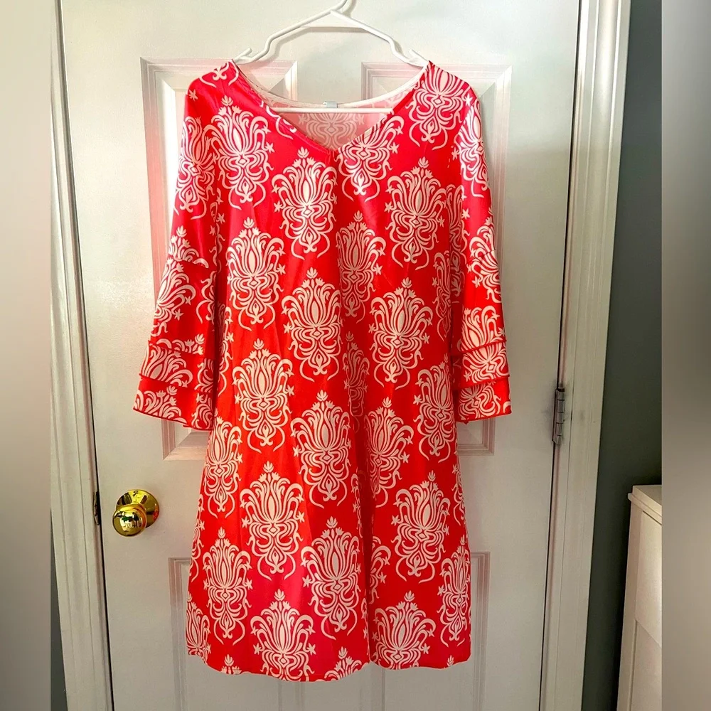 Women’s dress, coral and white, size S, bell sleeves - Picture 1 of 4